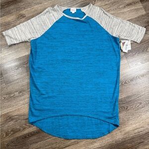 NWT Irma Blouse Blue with Gray Raglan short sleeves, sz:XXS